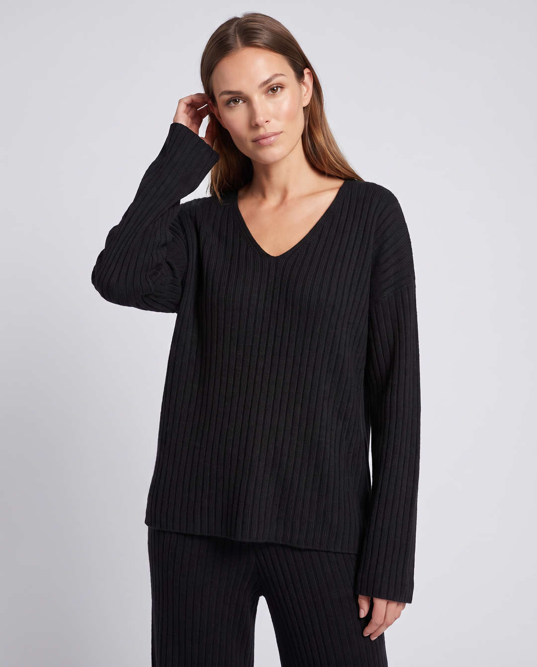 Black Knitted Two Piece Set Wide Leg