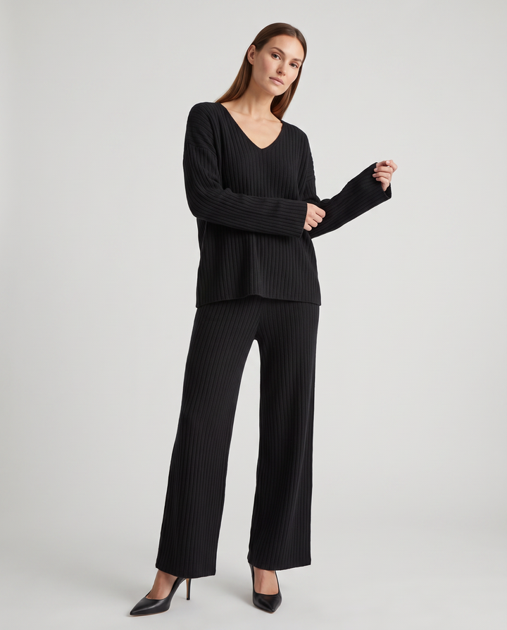 Black Knitted Two Piece Set Wide Leg