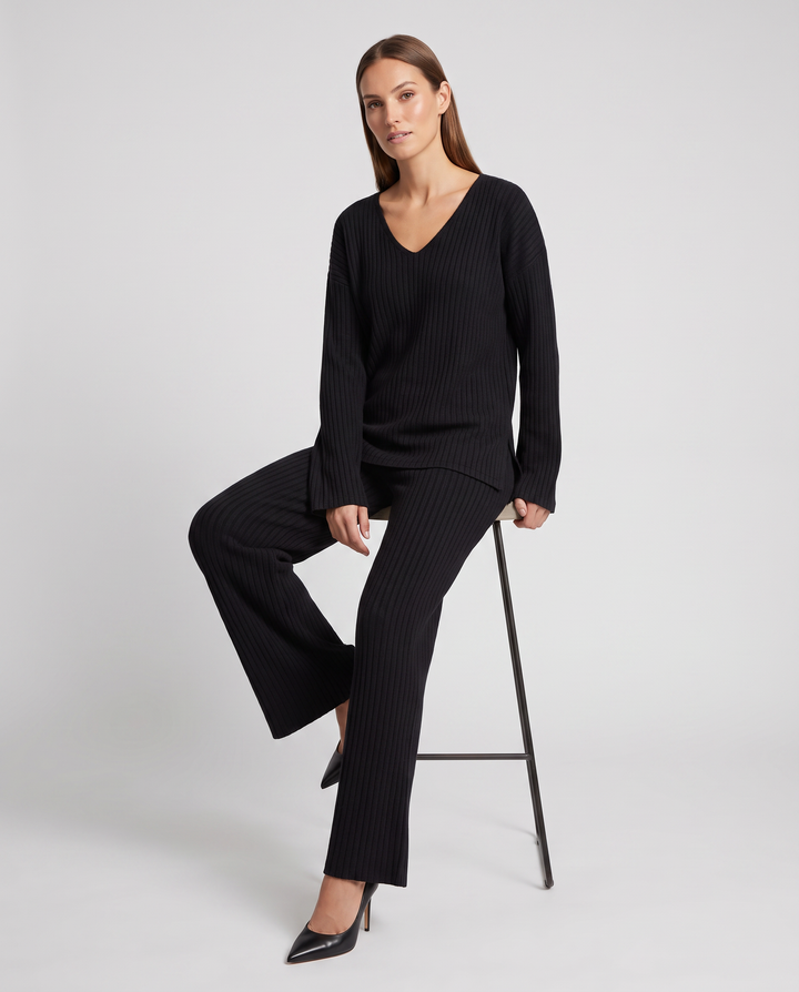 Black Knitted Two Piece Set Wide Leg