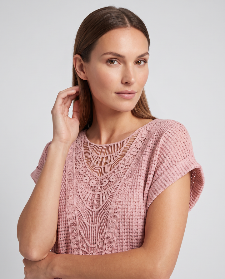 Pink Crochet Lace Top Short Sleeve Summer