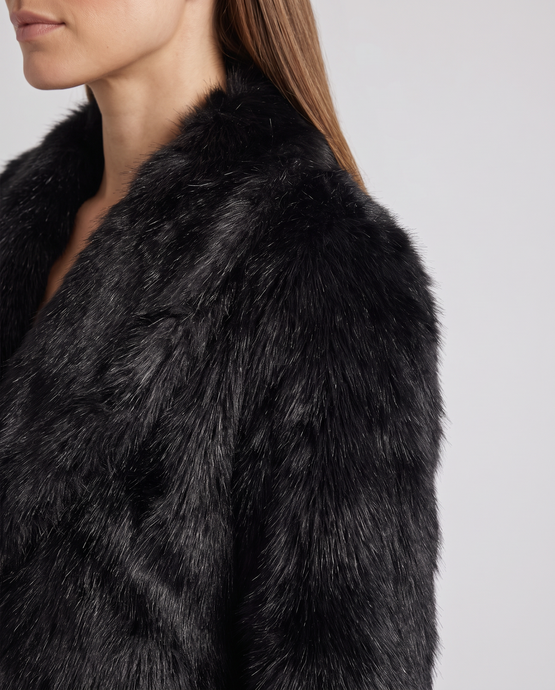 Black Shaggy Faux Fur Jacket Collared Winter