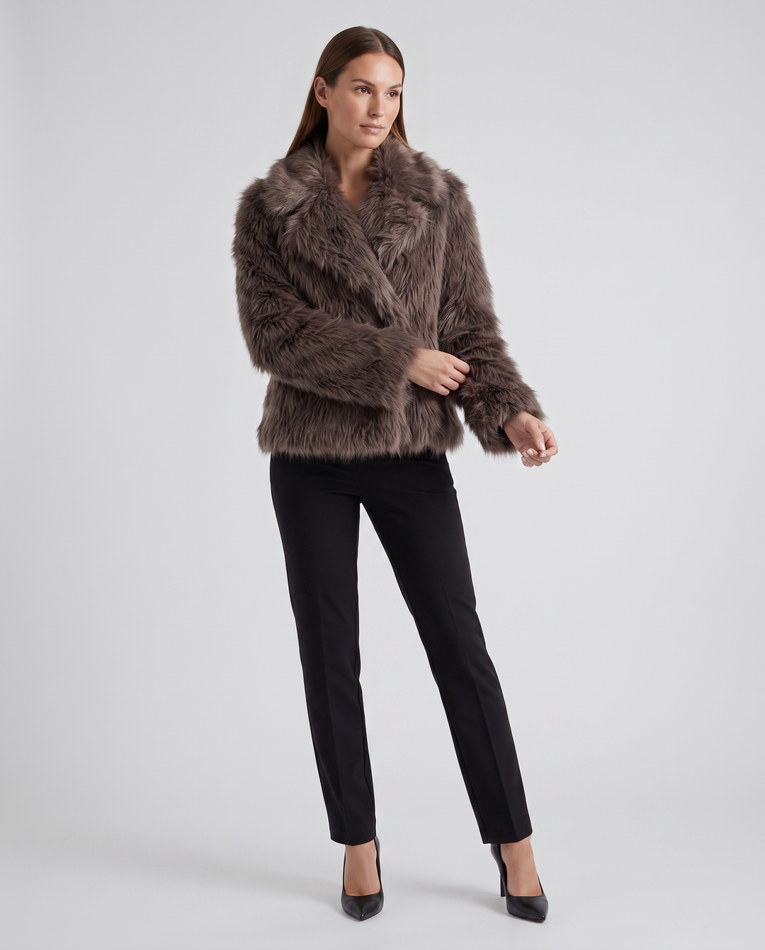 Brown Shaggy Faux Fur Jacket Collared Winter