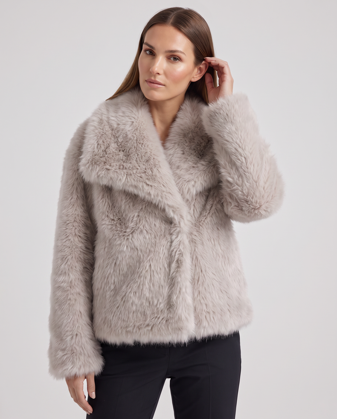 Beige Shaggy Faux Fur Jacket Collared Winter