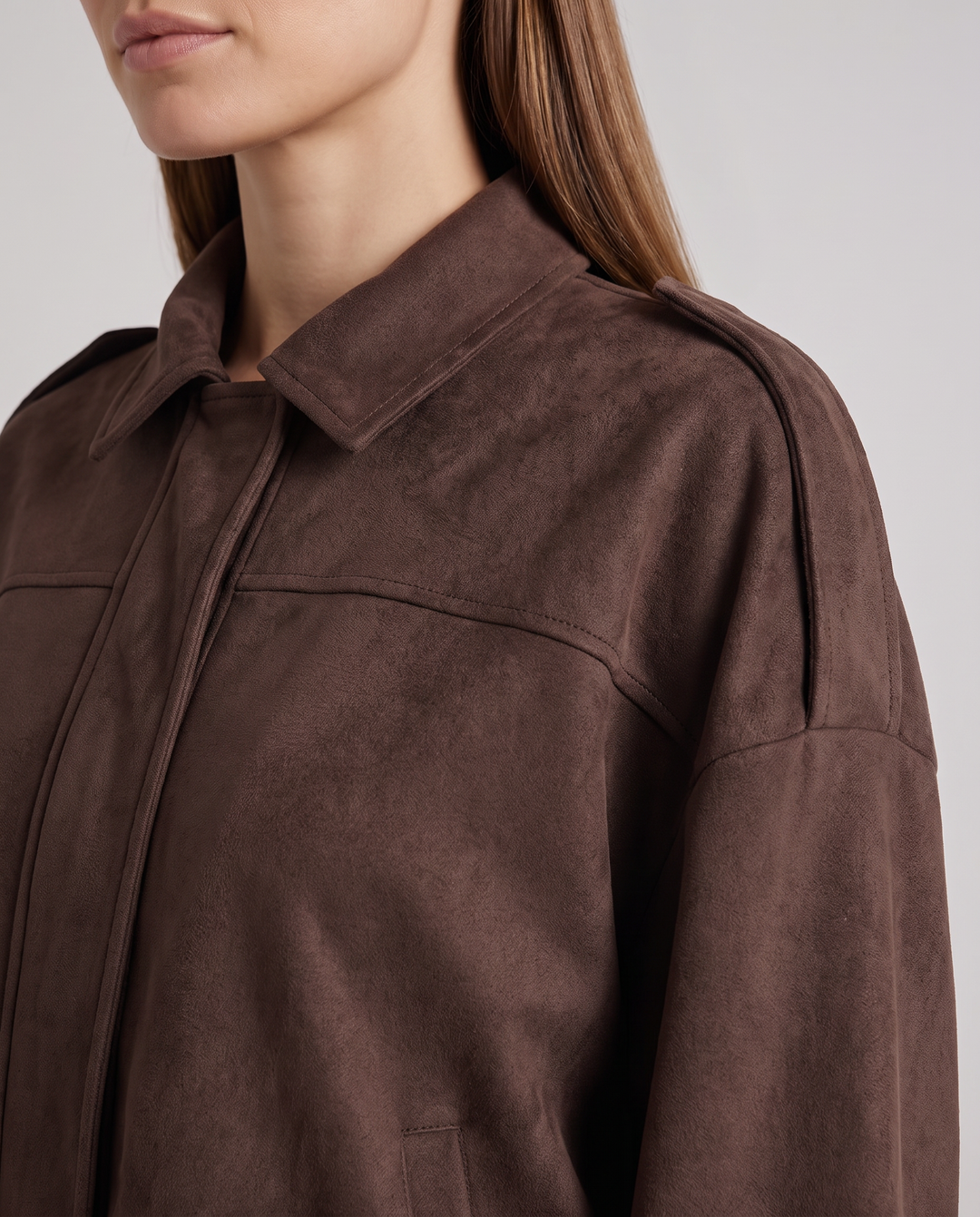 Coffee Suede Look Bomber Jacket Zip Front Casual