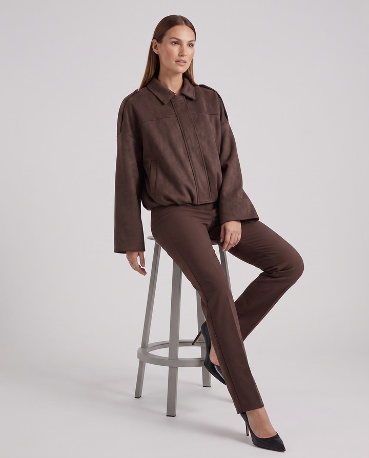 Coffee Suede Look Bomber Jacket Zip Front Casual