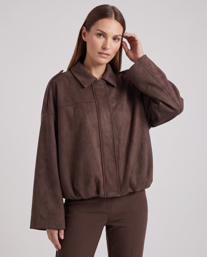 Coffee Suede Look Bomber Jacket Zip Front Casual