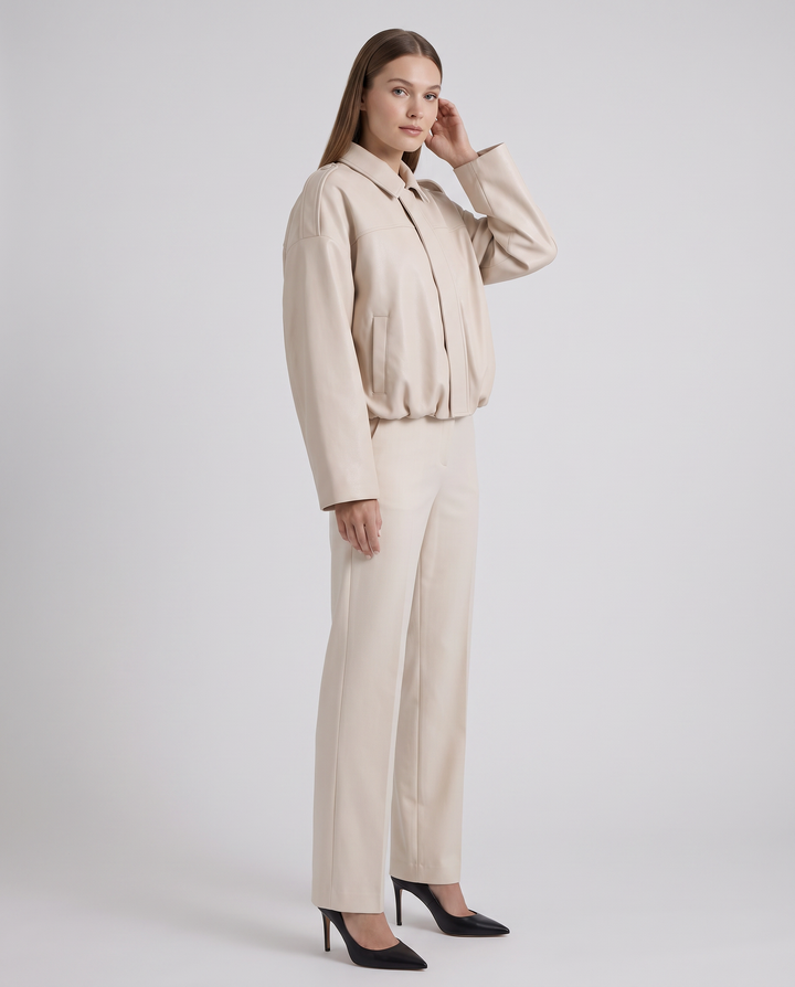 Cream Suede Look Bomber Jacket Zip Front Casual