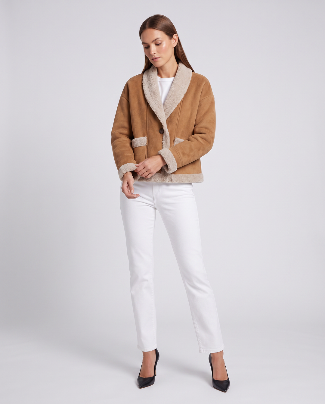 Beige Suede Look Teddy Jacket Sherpa Trim Winter