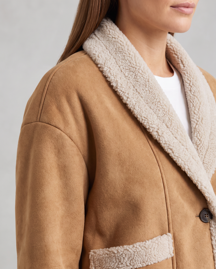 Beige Suede Look Teddy Jacket Sherpa Trim Winter