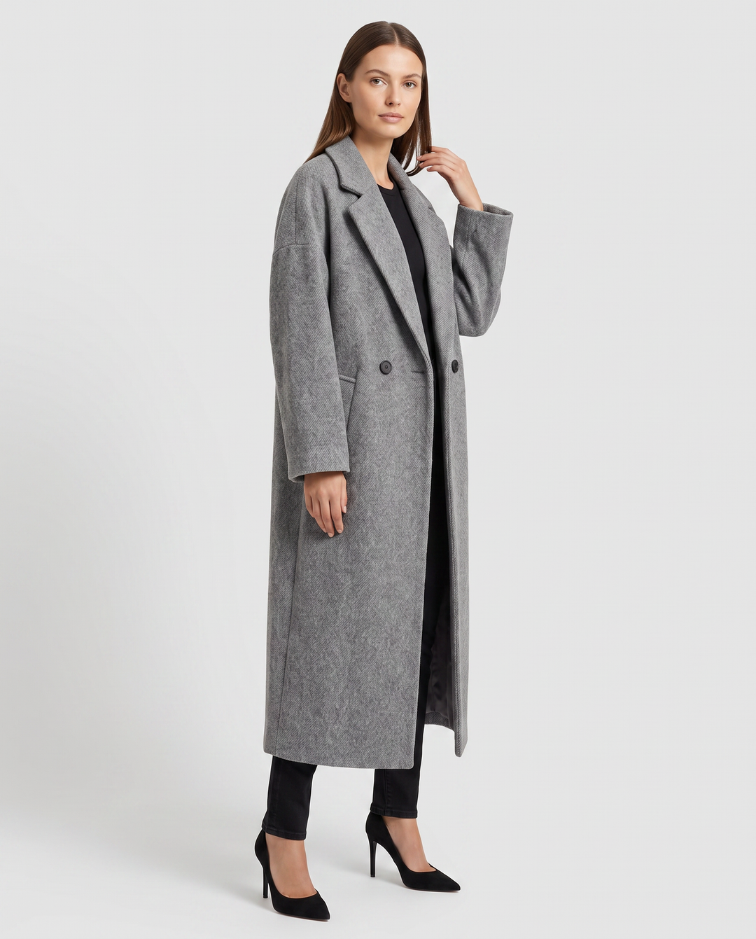 Grey Longline Maxi Coat Double Breasted