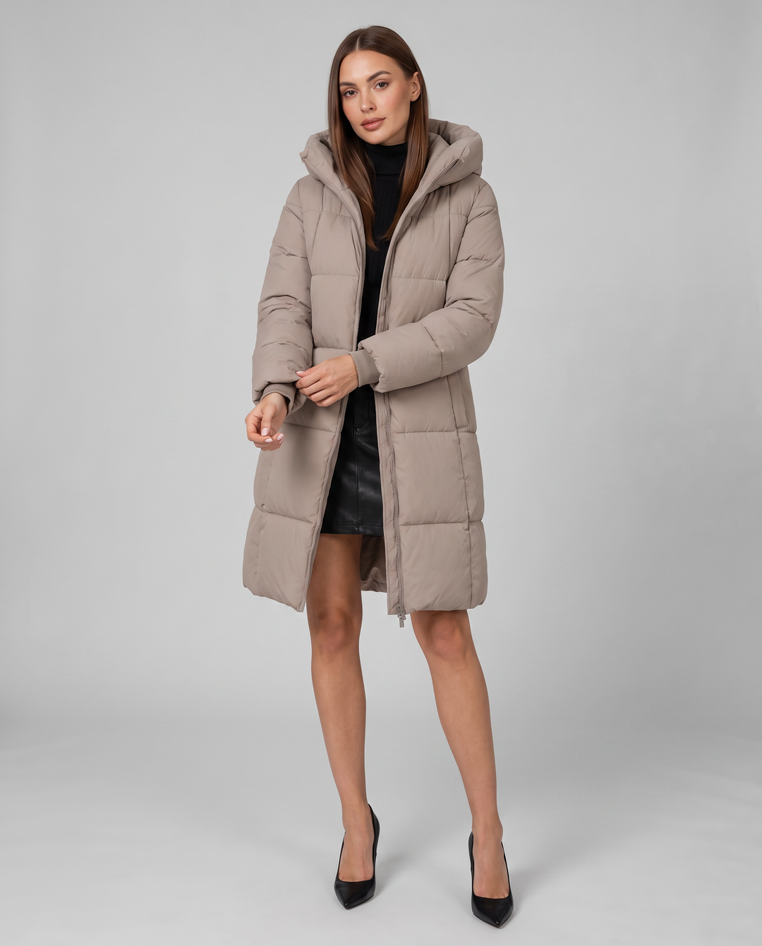 Khaki Hooded Puffer Coat Knee Length