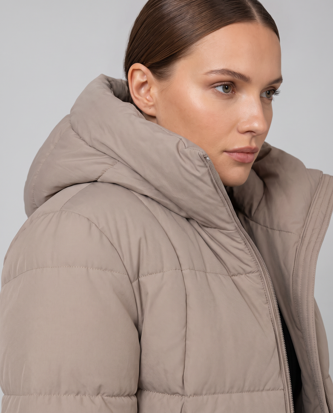 Khaki Hooded Puffer Coat Knee Length