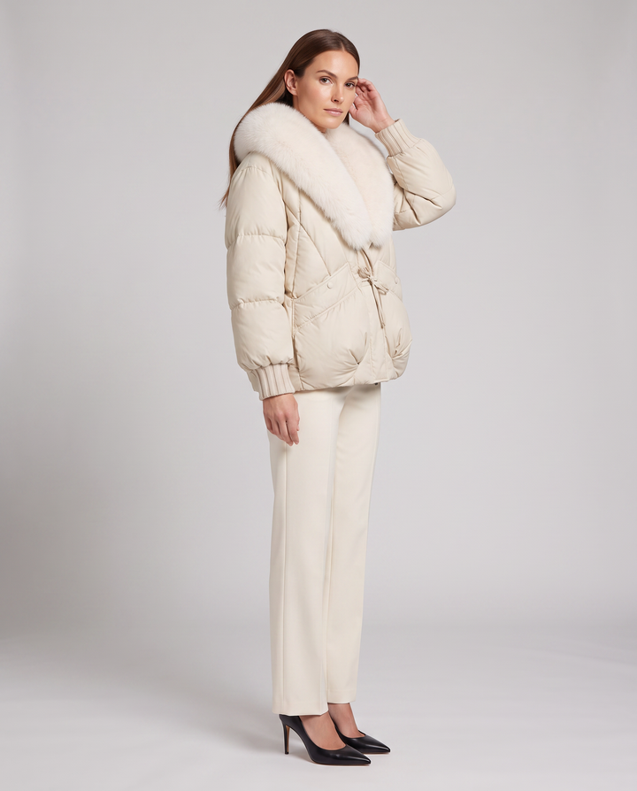 Beige Padded Puffer Jacket Oversized Collar