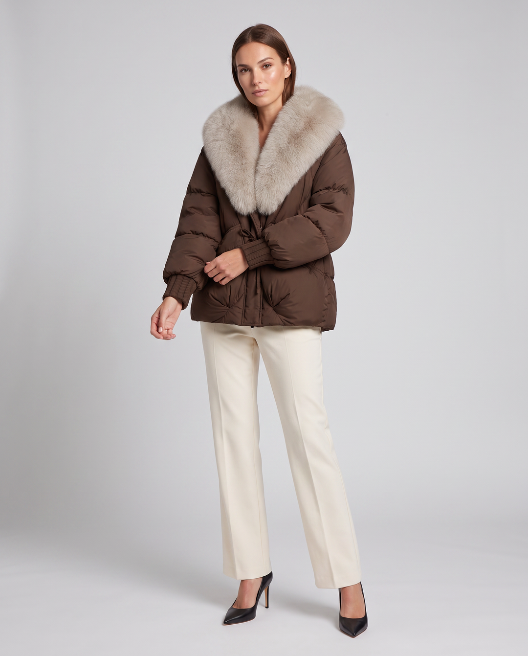 Brown Puffer Jacket Faux Fur Collar