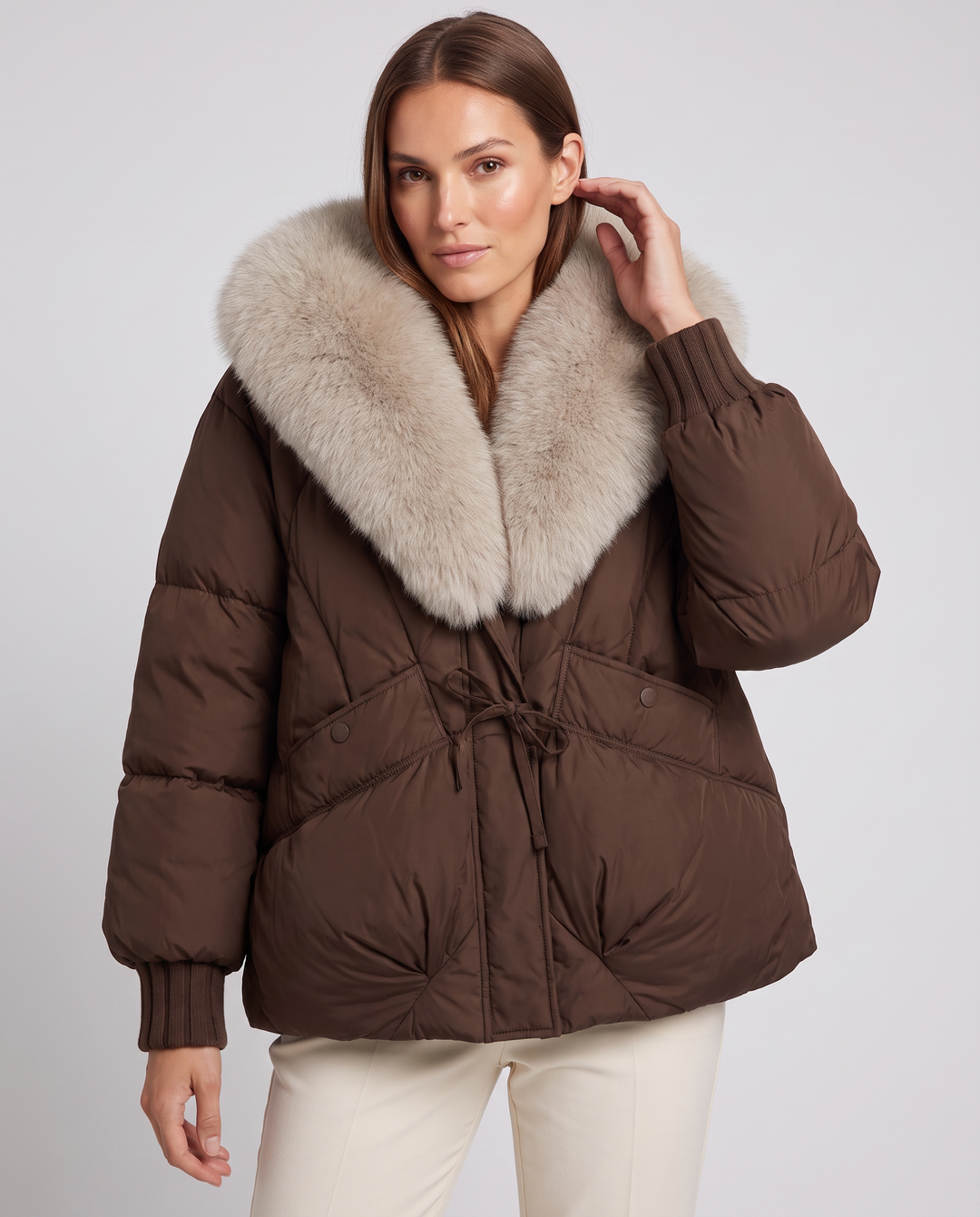 Brown Puffer Jacket Faux Fur Collar
