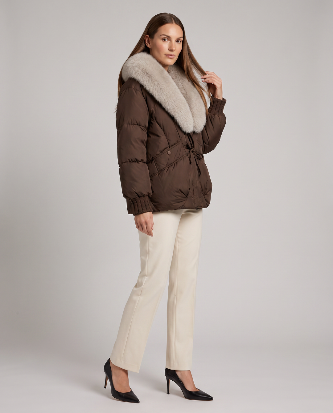 Brown Puffer Jacket Faux Fur Collar