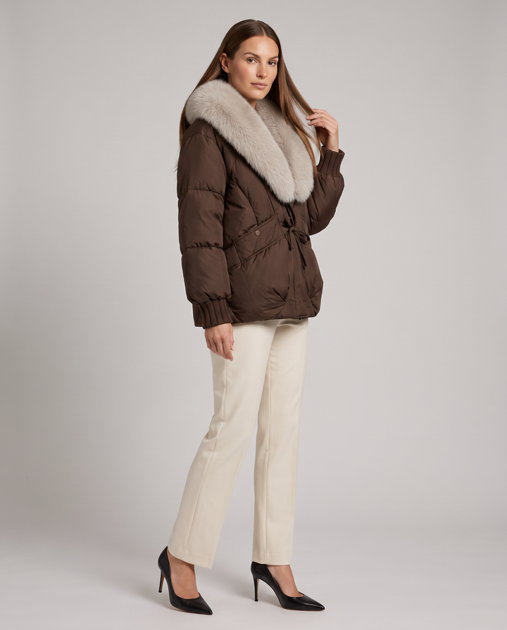 Brown Puffer Jacket Faux Fur Collar