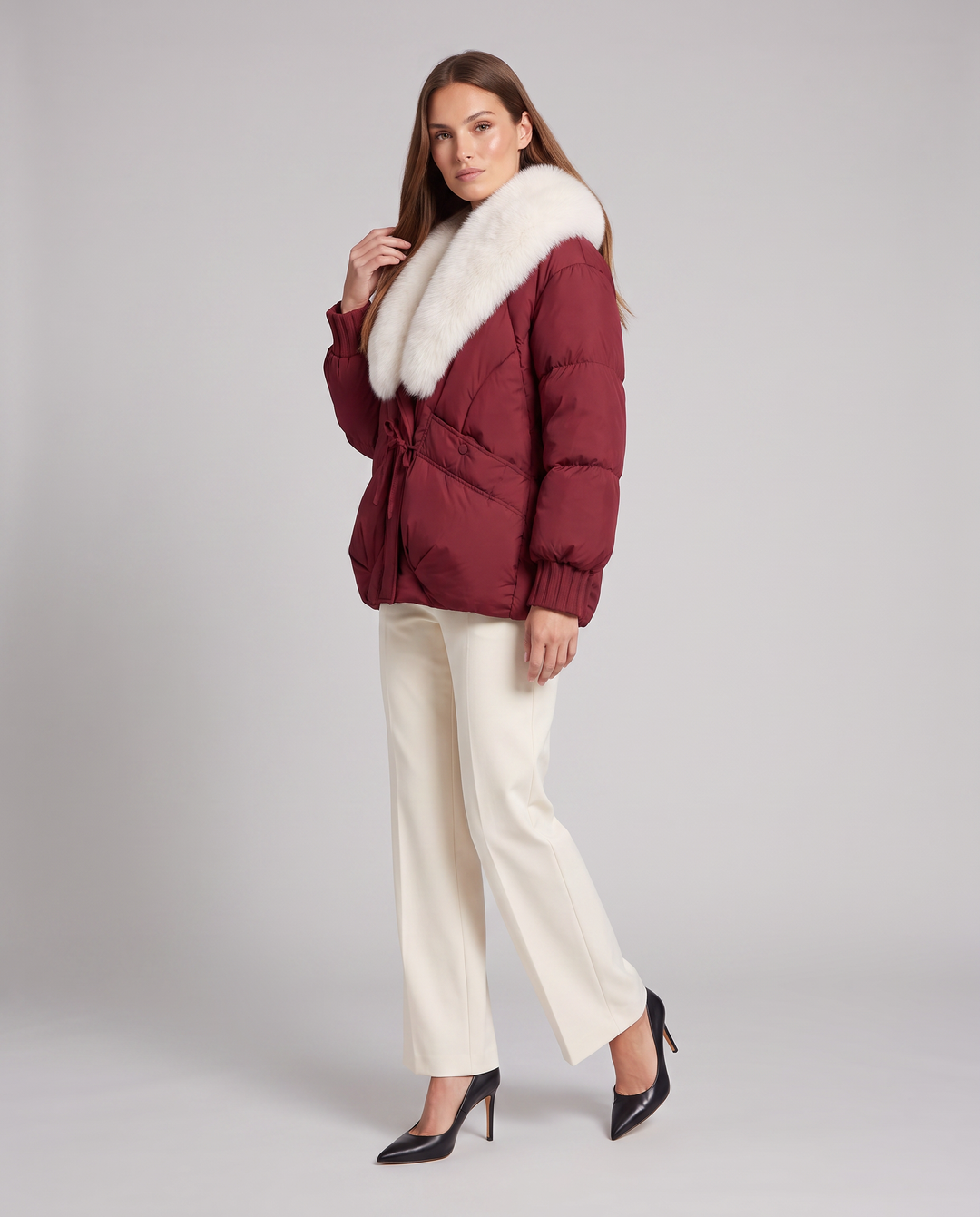 Brown Puffer Jacket Faux Fur Collar