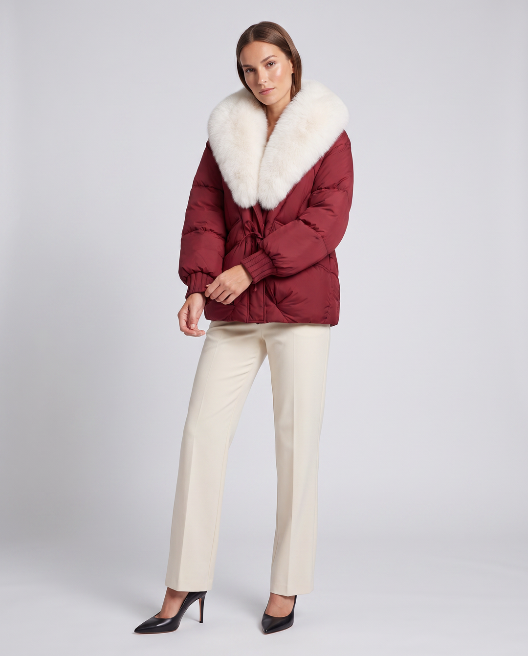Brown Puffer Jacket Faux Fur Collar