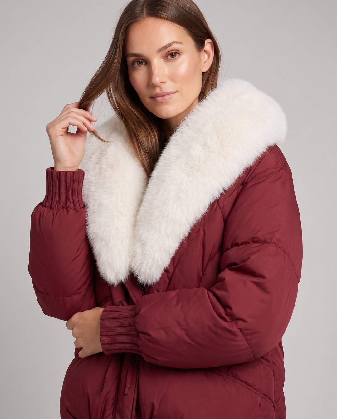 Brown Puffer Jacket Faux Fur Collar