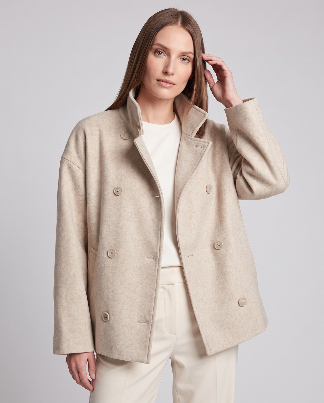 Beige Short Coat High Collar Buttons