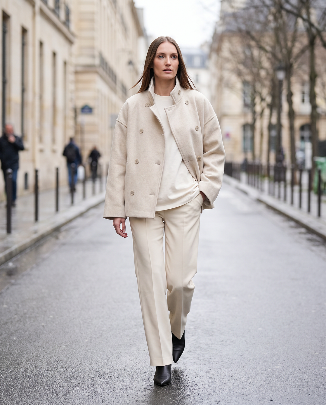 Beige Short Coat High Collar Buttons