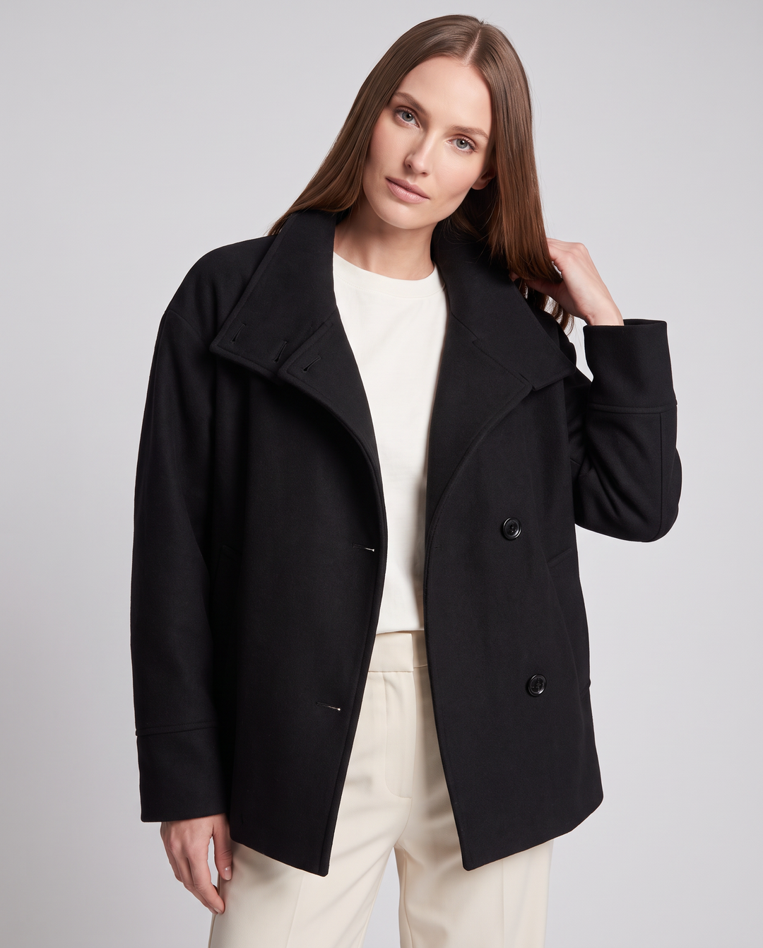Beige Short Coat High Collar Buttons