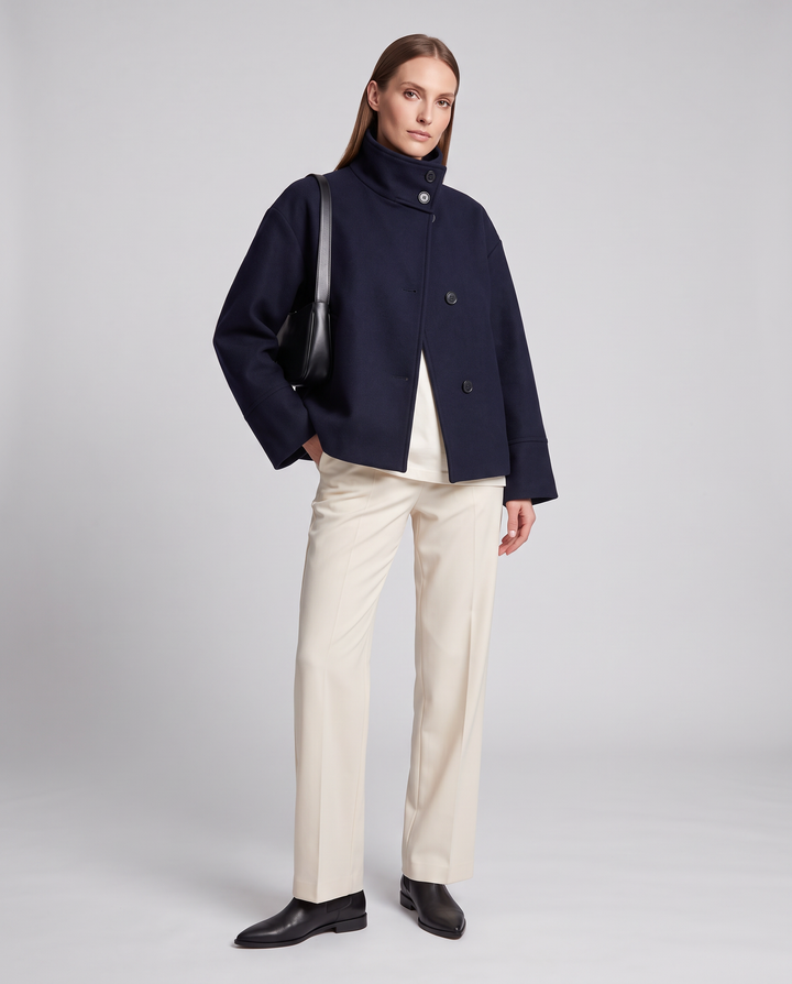 Dark Blue Boxy Coat Oversized Collar