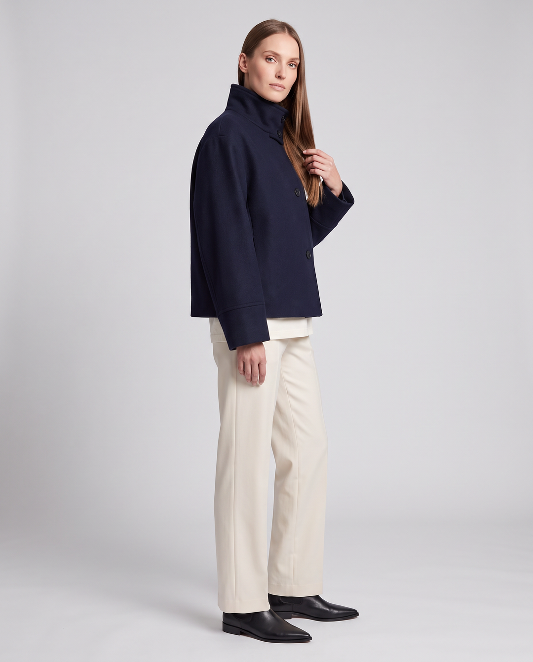 Dark Blue Boxy Coat Oversized Collar
