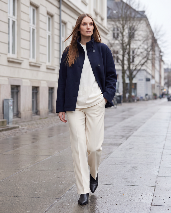 Dark Blue Boxy Coat Oversized Collar