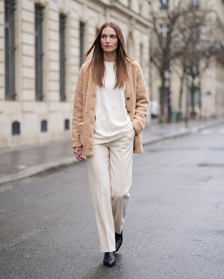 Beige Plush Cardigan Soft Knit