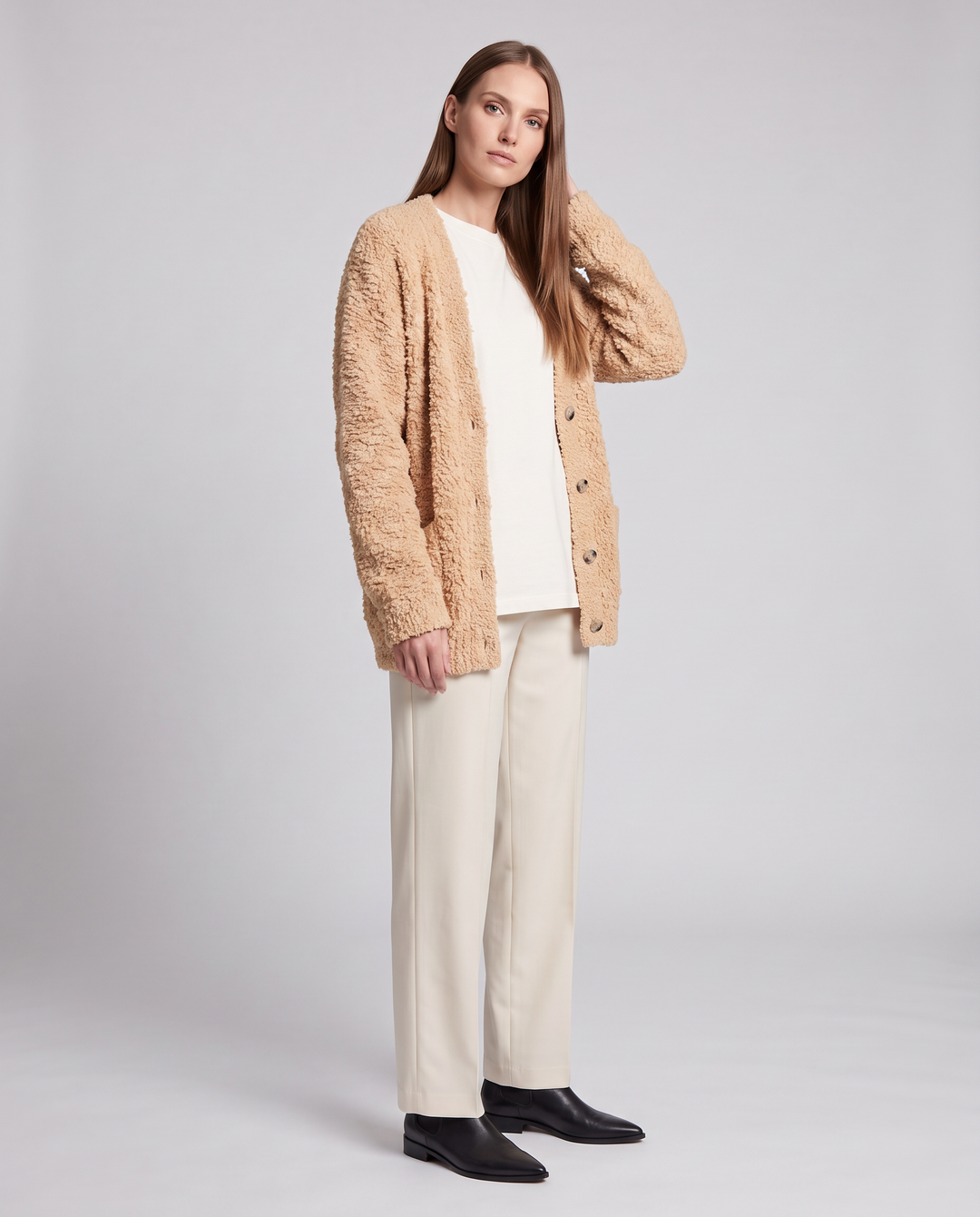 Beige Plush Cardigan Soft Knit