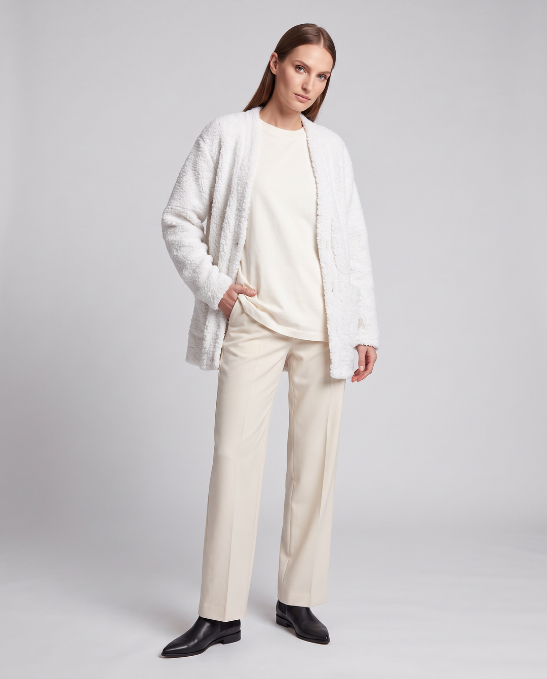 Beige Plush Cardigan Soft Knit