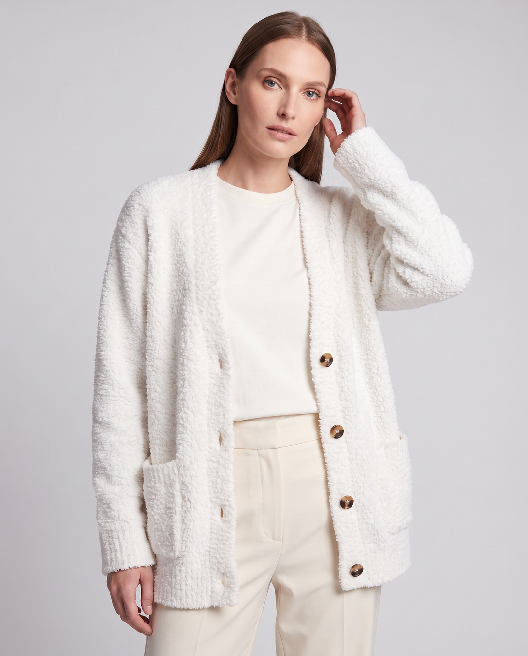 Beige Plush Cardigan Soft Knit