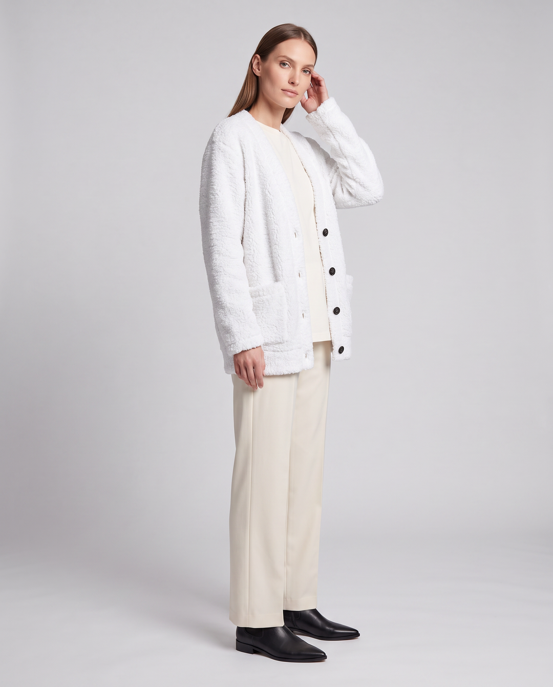 Beige Plush Cardigan Soft Knit