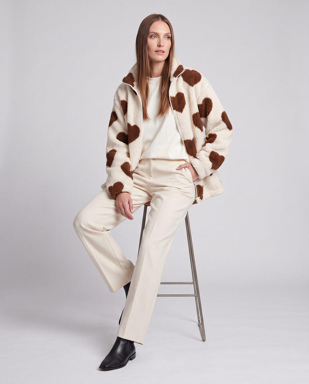 Brown Heart Teddy Fleece Jacket Relaxed