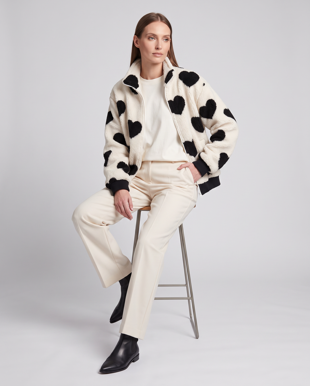 Brown Heart Teddy Fleece Jacket Relaxed