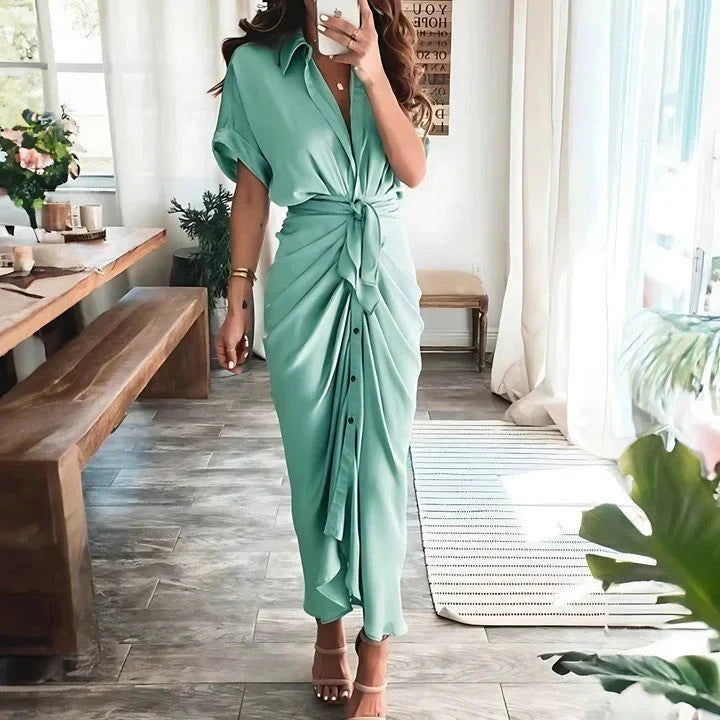 Women’s Ruched Midi Dress – Elegant Silhouette and Fitted Cut