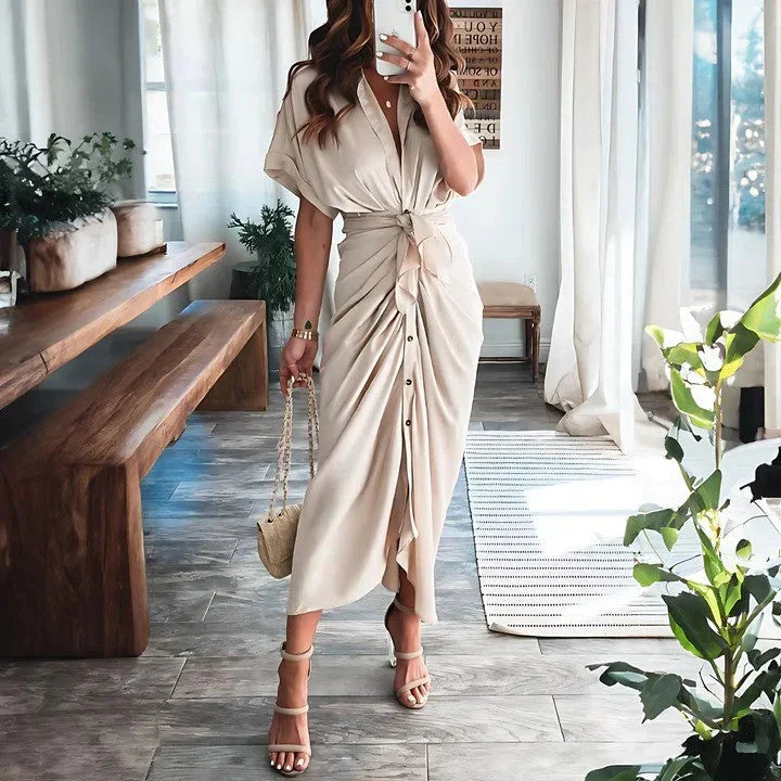 Women’s Ruched Midi Dress – Elegant Silhouette and Fitted Cut