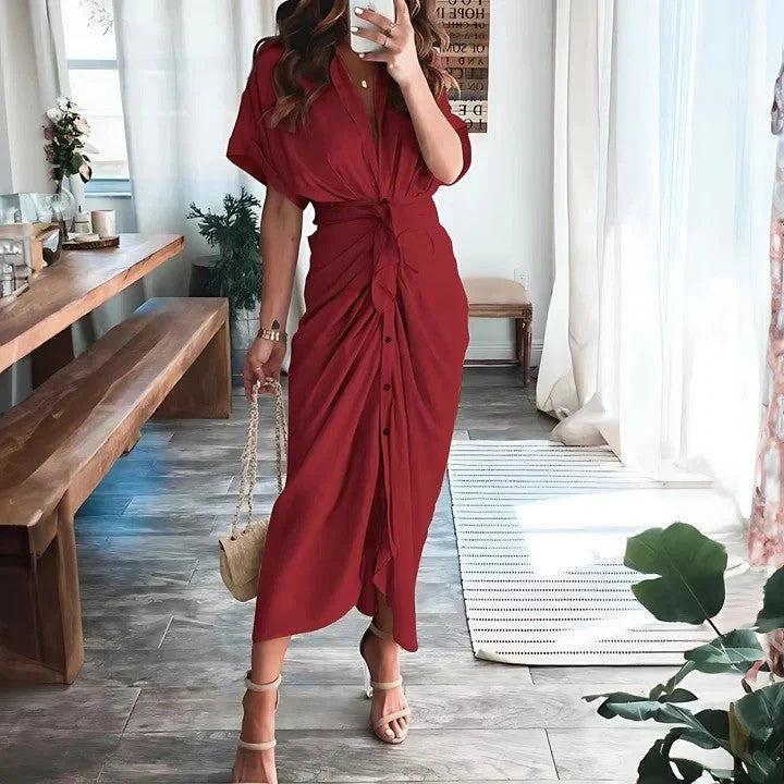 Women’s Ruched Midi Dress – Elegant Silhouette and Fitted Cut