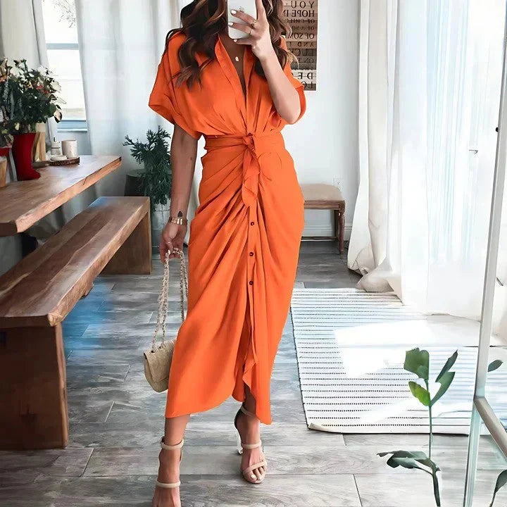 Women’s Ruched Midi Dress – Elegant Silhouette and Fitted Cut