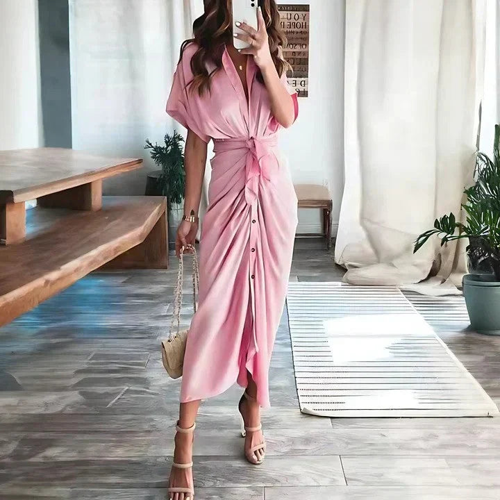 Women’s Ruched Midi Dress – Elegant Silhouette and Fitted Cut