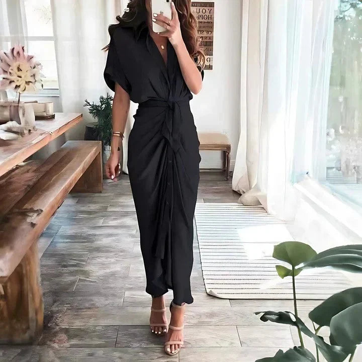Women’s Ruched Midi Dress – Elegant Silhouette and Fitted Cut