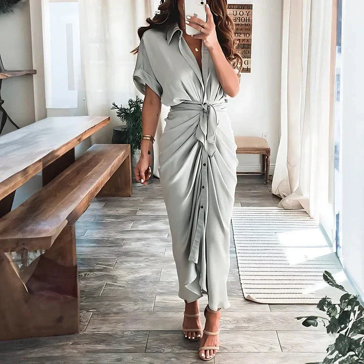Women’s Ruched Midi Dress – Elegant Silhouette and Fitted Cut