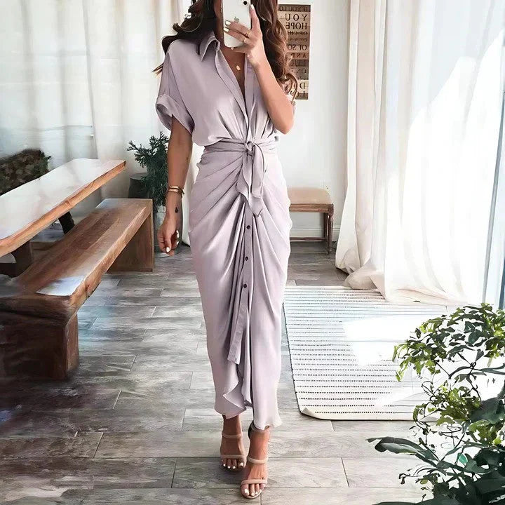 Women’s Ruched Midi Dress – Elegant Silhouette and Fitted Cut