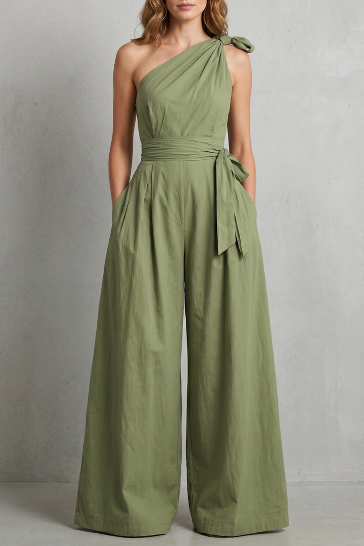 Women's One Shoulder Wide Leg Jumpsuit with Tie Waist - Mirandelle