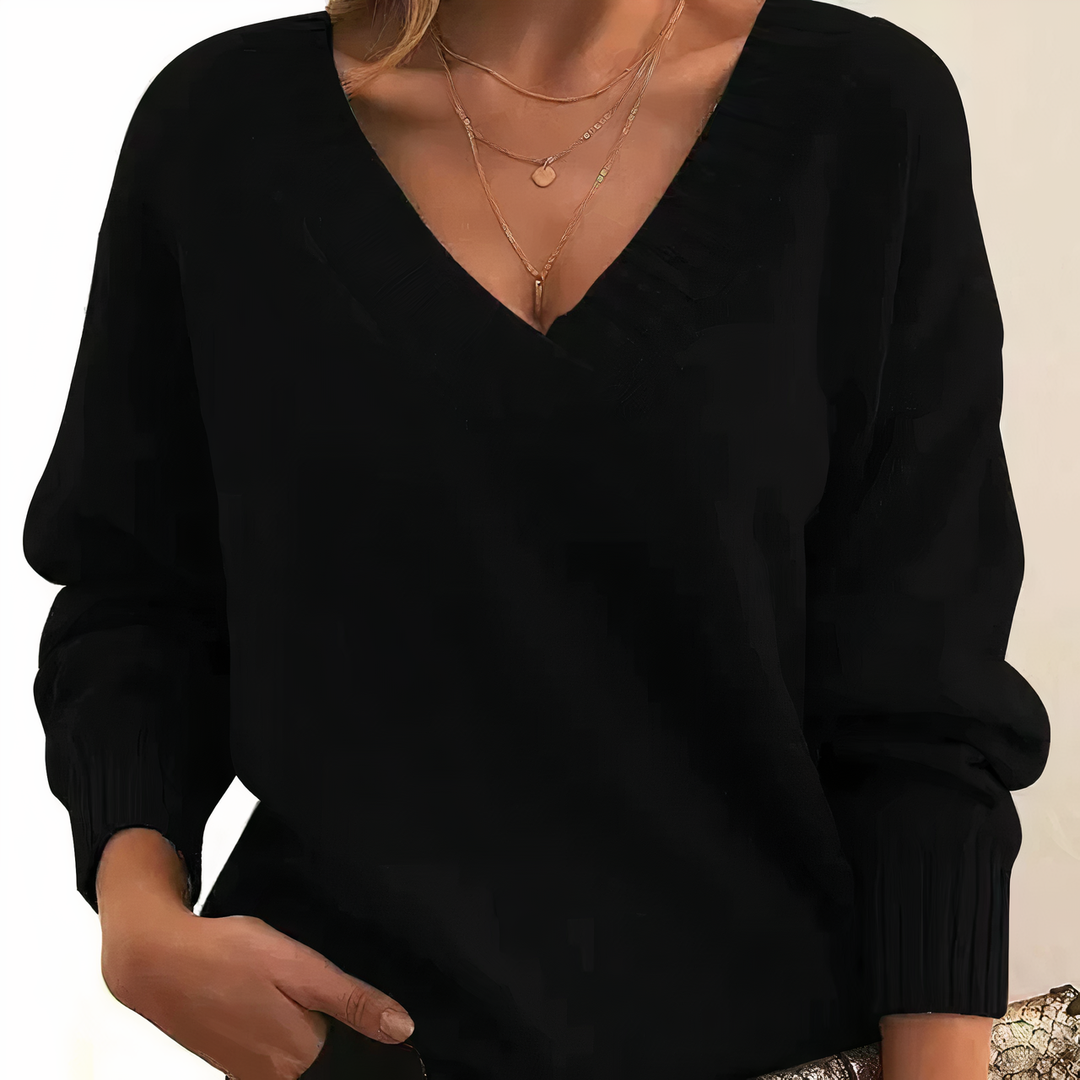 Soft Knitted Women's Sweater with Deep V-Neck and Long Sleeves