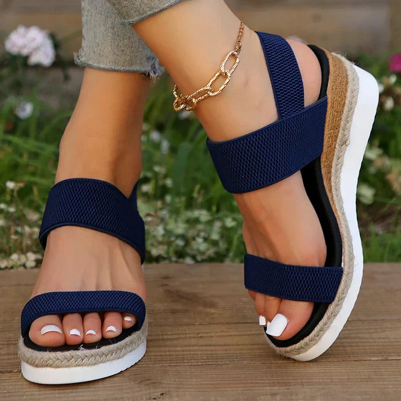 Emma & Rose Cape Town India orthopedic sandals with woven elastic fabric, platform heel, and rear elastic strap.