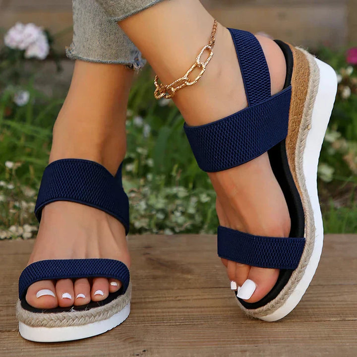 Emma & Rose Cape Town India orthopedic sandals with woven elastic fabric, platform heel, and rear elastic strap.