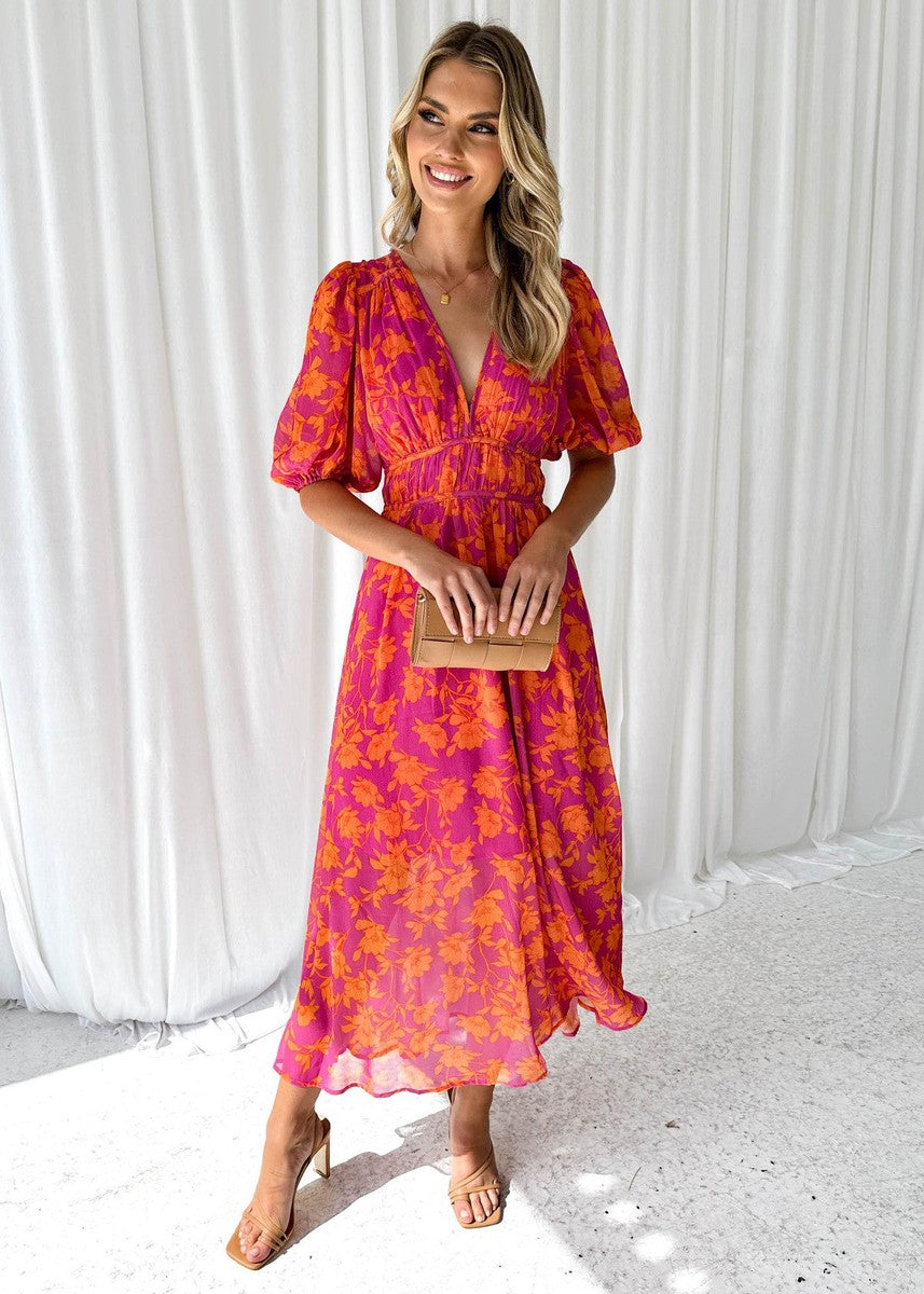 Asun | Midi Floral Dress with Puff Sleeves for Women